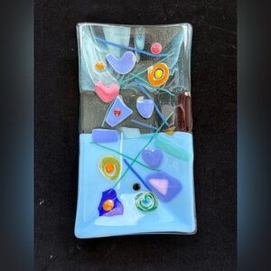 “Greek Blue Dreams “  Fused Art Glass  Handmade 9.5”x5” Art Rectangular Tray